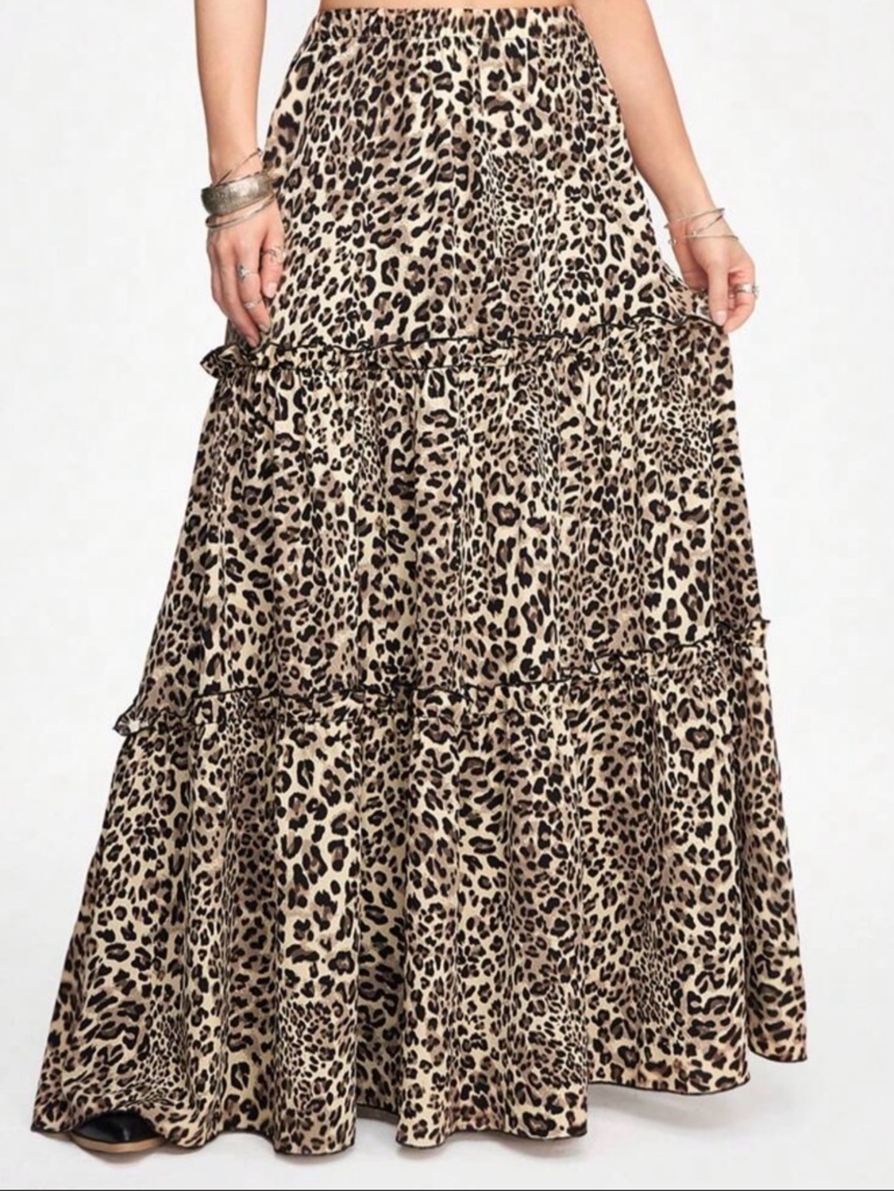 NWT Leopard Print Tiered Maxi Skirt,Boho Large Swing , Spring and Summer Fashion